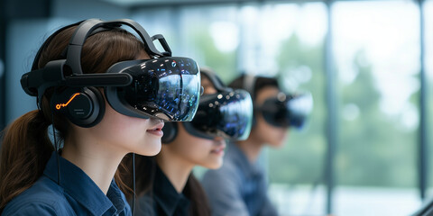 multicultural group of students using VR headsets in modern classroom setting, focused on immersive learning experiences