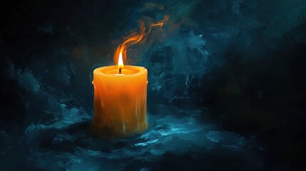 Fototapeta premium A glowing orange candle burns softly in a dark, atmospheric setting.