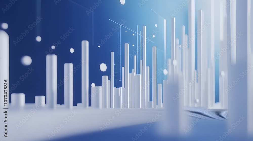 Poster a 3d-rendered performance report in the form of a sleek white chart with rising bars and detailed da
