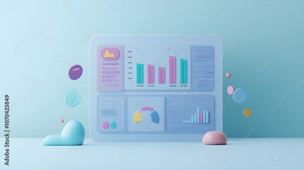 Poster A 3D-rendered dashboard-style performance report with various charts and graphs, including line and bar charts, on a light blue background, 4k resolution, no background, no shadow