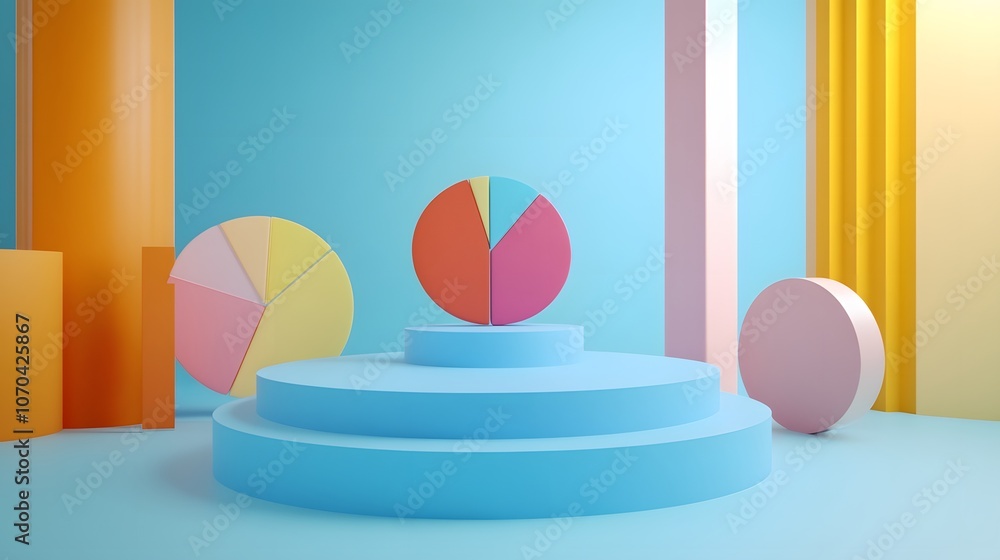 Poster a 3d model of a performance report featuring pie charts with vibrant colors, arranged in an organize