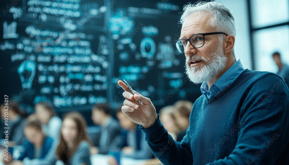 Aufkleber professor guides small group of students through complex lesson, fostering engaging and interactive learning environment in classroom filled with scientific equations on blackboard