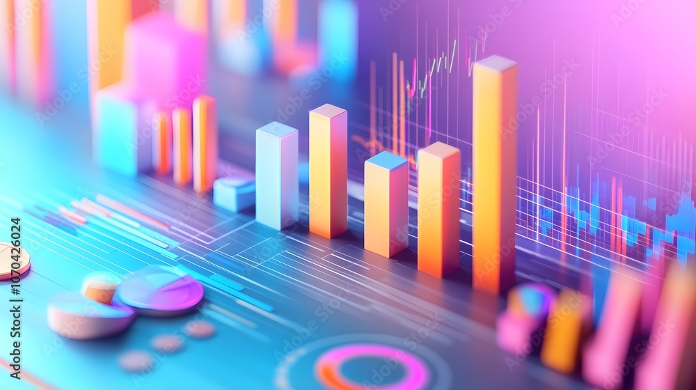 Poster A professional-looking 3D performance report with bars and line charts designed in contrasting colors, displayed neatly on a pastel blue background, 4k resolution, no background, no shadow