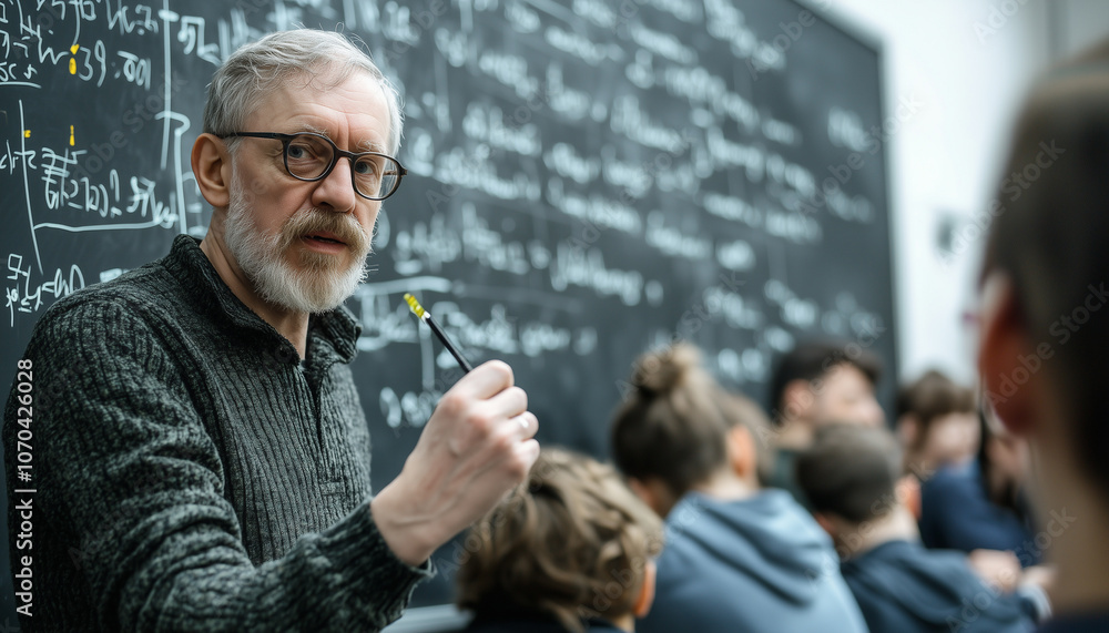 Poster professor guides small group of students through complex equations on blackboard, fostering engaging