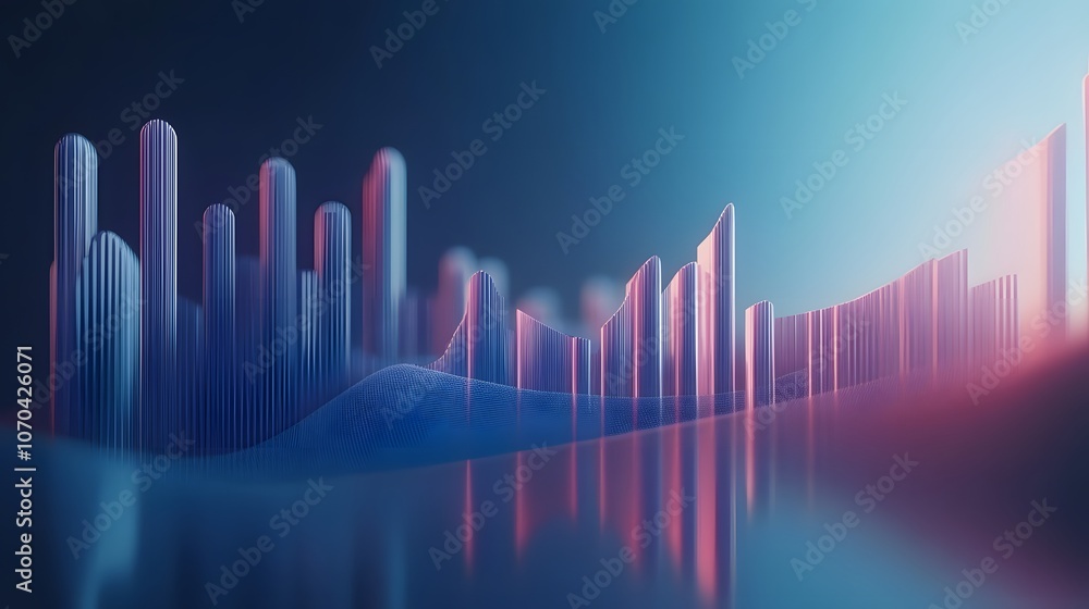 Poster a sleek 3d performance report with rising bar and line charts, set against a gradient blue backgroun