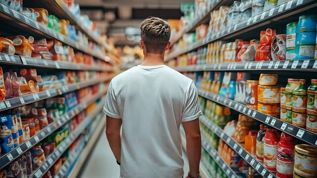 Man Walking Through Supermarket Aisle, Grocery Store, Shelves, Products, Food, Shopping