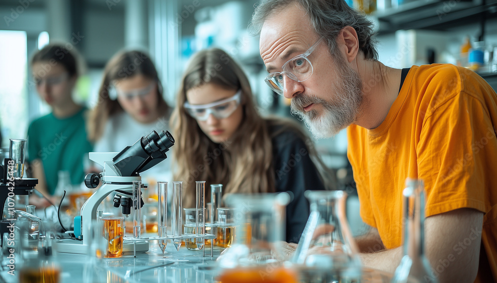 Aufkleber group of students and teacher engaged in science experiment in laboratory, focusing on microscopes and test tubes. atmosphere is one of concentration and learning