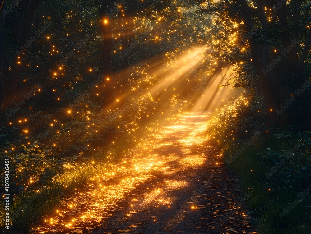 Poster a serene forest path illuminated by golden sunlight and shimmering particles.