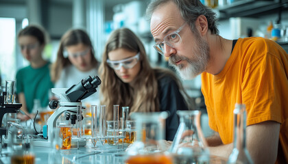 group of students and teacher engaged in science experiment in laboratory, focusing on microscopes and test tubes. atmosphere is one of concentration and learning