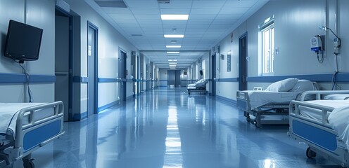 A quiet hospital corridor with empty beds, bright lights, and sterile surroundings during a calm evening shift at a local clinic, showcasing the clinical environment and healthcare services