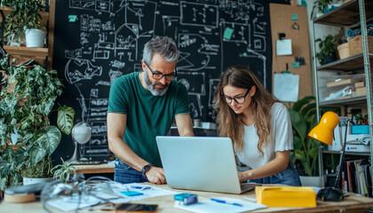 Fototapeta premium man and woman collaborate on project in creative office space, surrounded by plants and chalkboard filled with diagrams