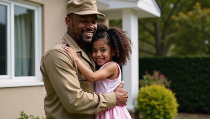 Fototapeta premium African-American Veteran Soldier affectionately embraces child at heartwarming military homecoming scene