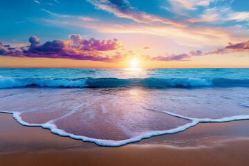 Obraz premium A soft watercolor painting of a calm beach at sunset, with pastel colors blending into the horizon