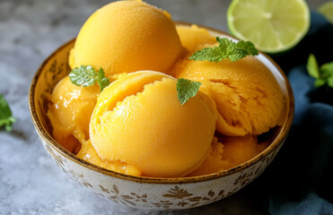 A bowl of refreshing mango sorbet garnished with fresh mint leaves, perfect for a warm summer day
