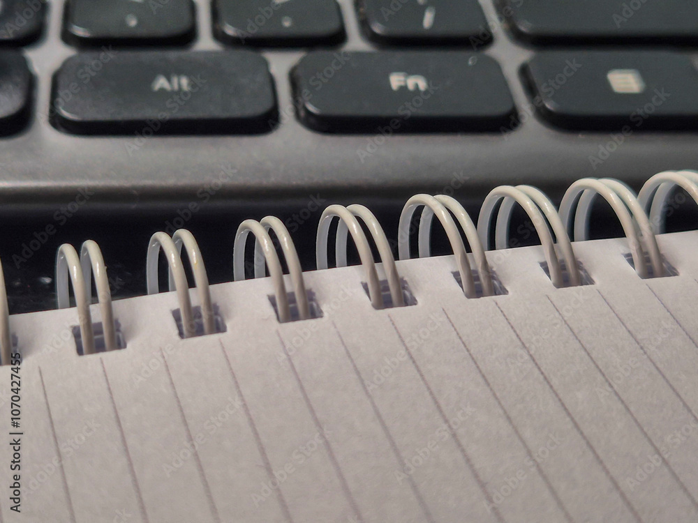 Poster a close-up shot of a spiral-bound notebook lying next to a keyboard, emphasizing the details of the 