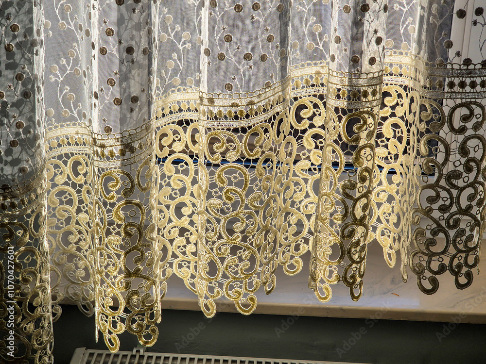 Poster delicate lace curtains with intricate patterns gently draping the window, letting in soft light, add