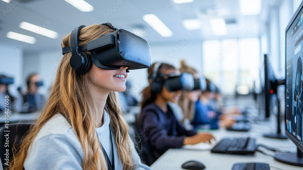 Poster students engaged in virtual reality classroom experience, wearing vr headsets and using computers fo