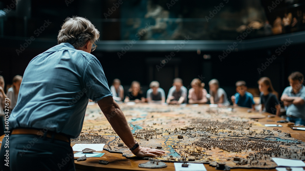 Poster teacher conducts engaging history lesson using large map, surrounded by attentive students in dimly lit classroom