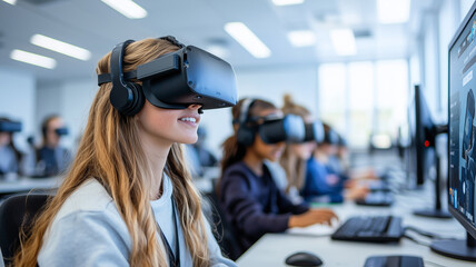 Students engaged in virtual reality classroom experience, wearing VR headsets and using computers for interactive learning. modern classroom setting enhances educational engagement