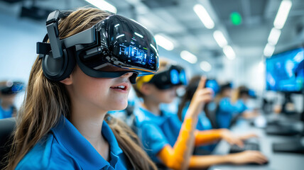 Students engaged in virtual reality classroom, wearing VR headsets and interacting with digital content. immersive learning environment enhances educational experiences