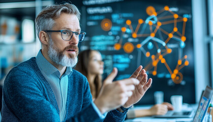 teacher engaging with small group of students in modern classroom, discussing data visualization on digital screen. atmosphere is focused and collaborative