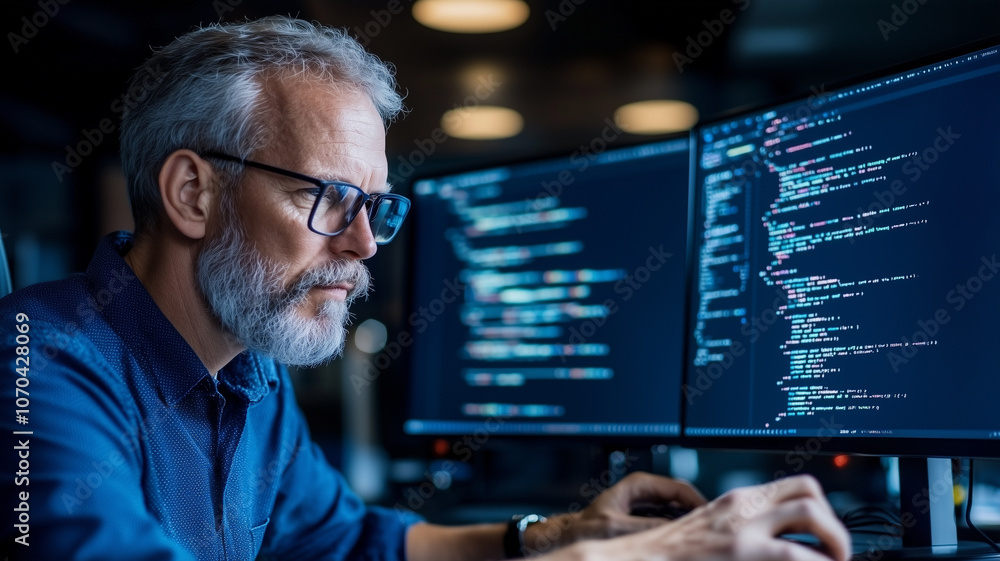 Aufkleber focused man with glasses working on computer coding at desk in office