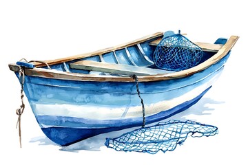 Watercolor Illustration of a Blue Rowboat with Fishing Nets.