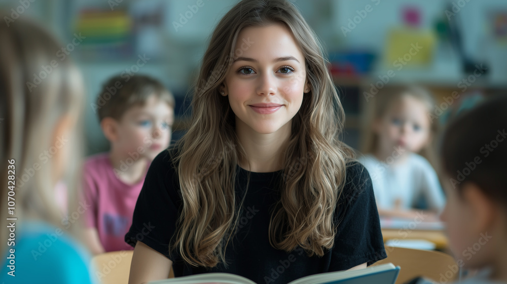 Poster teacher reads storybook to young children in classroom, creating engaging and educational atmosphere