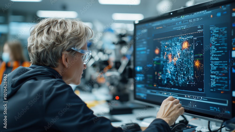 Poster scientist analyzes complex data on computer screen in modern laboratory. environment is filled with advanced technology and scientific equipment, indicating focus on research and innovation