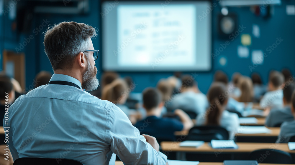 Aufkleber teacher uses projector to display multimedia content in classroom filled with attentive students, fostering engaging learning environment