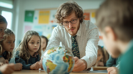teacher enthusiastically explains geography using globe to group of attentive children in classroom setting. students are engaged and curious about lesson