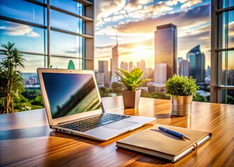 Fototapeta premium Modern Office Desk, Panoramic Photo, Laptop, Notepad, Pen