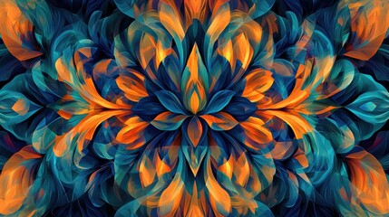 Abstract symmetrical pattern of teal and orange hues with a kaleidoscope effect.