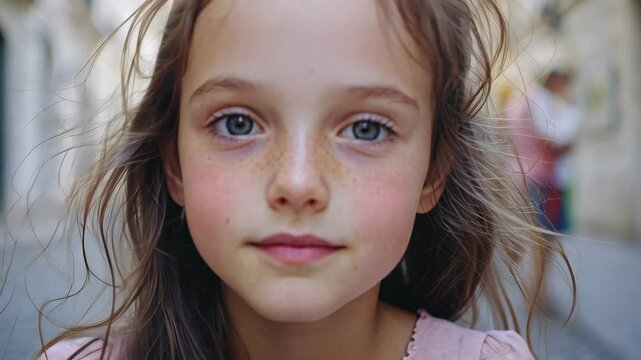 Young girl with freckles and windblown hair, child, portrait, face, eyes, blue eyes