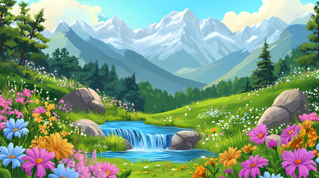 Idyllic garden full of vibrant flowers and lush greenery with serene water stream and majestic mountain backdrop, perfect for nature and tranquility themed designs. Majestic. Illustration