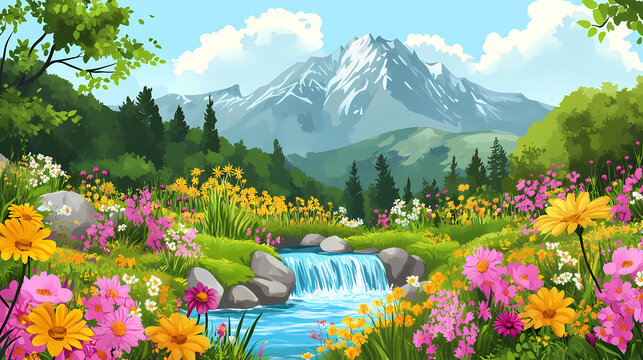 Idyllic garden full of vibrant flowers and lush greenery with serene water stream and majestic mountain backdrop, perfect for nature and tranquility themed designs. Majestic. Illustration