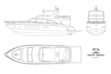 Isolated outline yacht drawing. Side, front and top views of private ship. Modern boat contour blueprint. Cruise motorboat line art