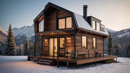 tiny house in the snowy mountains. Generative AI.