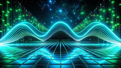 Neon Blue Wavy Ray Optical Illusion - Futuristic Glitch Art