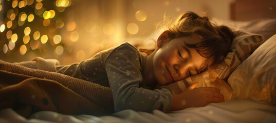 Naklejka premium Cozy Bedtime Comfort: Child Resting with Parent's Support in a Warmly Lit Bedroom Scene