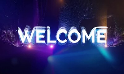 "Experience the brilliance of 'WELCOME' in vivid blue light graphics, elegantly displayed on a black background in crystal-clear Ultra HD 4K."
