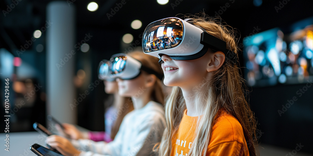 Poster Children in classroom setting are using VR headsets to explore interactive educational content, enhancing their learning experience with technology