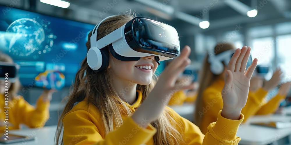 Poster children in classroom setting using vr headsets to explore interactive digital worlds, enhancing the