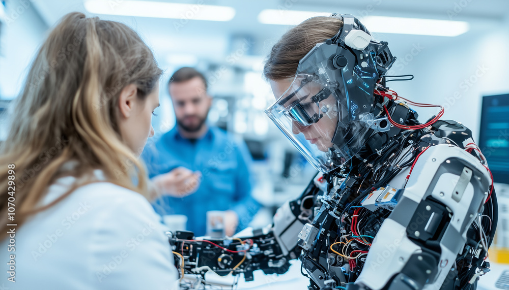Poster team of engineers collaborates in high tech lab, fine tuning humanoid robot with precision and focus. environment is filled with advanced technology and innovation