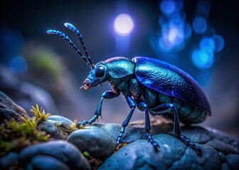 Naklejka premium Nocturnal blue alder beetle, intricate detail on a grey rock, AI art.