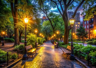 Obraz premium Nocturnal Brooklyn Park cityscape, low light urban photography.