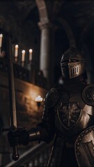 Medieval knight in armor holding sword in candlelit castle