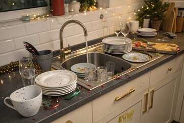 A kitchen sink filled with dirty dishes and glasses, surrounded by holiday decorations, capturing the aftermath of a festive gathering or party.
