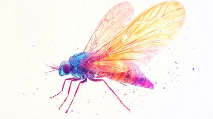 Brightly colored fly with shimmering wings, isolated on a white background, close-up view.