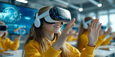 Children in classroom setting using VR headsets to explore interactive digital worlds, enhancing their learning experience with immersive technology